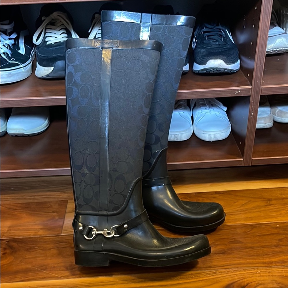 COACH Black Knee-High Rain Boots with Silver Accent USED ONCE